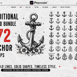 May include: A digital collection of 172 anchor stamps for Procreate, featuring a large central anchor illustration with rope and floral accents, surrounded by a grid of various smaller black and white anchor designs on a textured background.