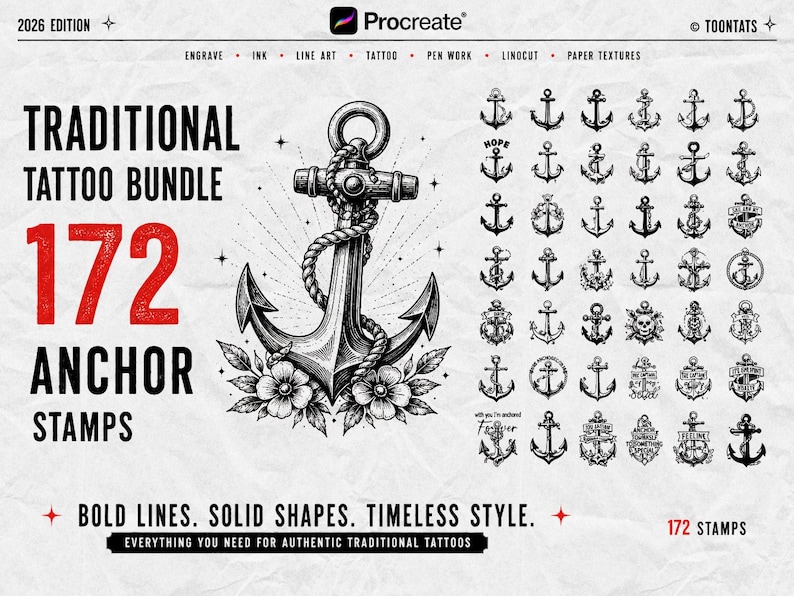 May include: A digital collection of 172 anchor stamps for Procreate, featuring a large central anchor illustration with rope and floral accents, surrounded by a grid of various smaller black and white anchor designs on a textured background.