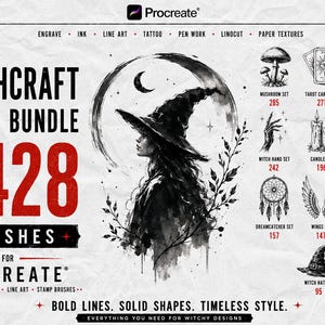 May include: A digital brush bundle for Procreate titled Witchcraft Brush Bundle featuring 3428 brushes. The graphic displays a central illustration of a witch in a hat against a crescent moon, surrounded by icons of mushrooms, tarot cards, and crystals.