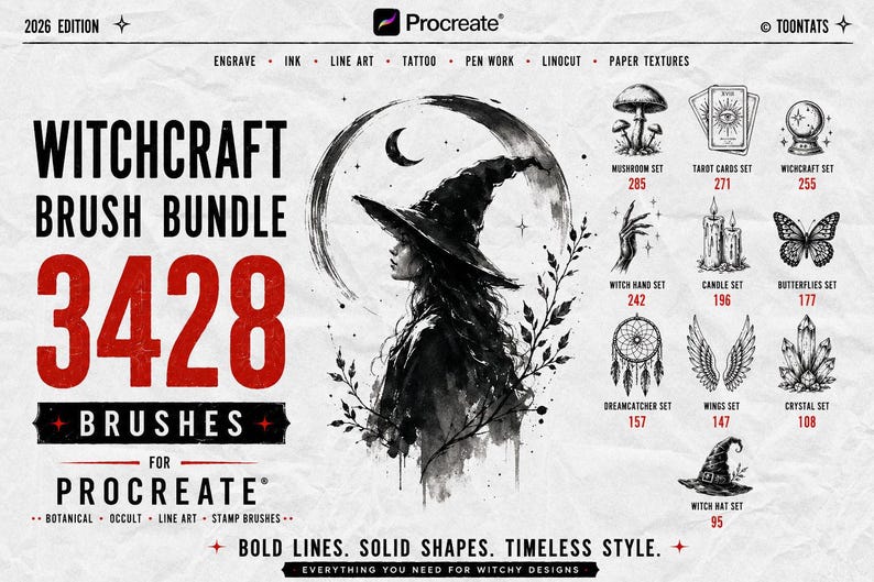 May include: A digital brush bundle for Procreate titled Witchcraft Brush Bundle featuring 3428 brushes. The graphic displays a central illustration of a witch in a hat against a crescent moon, surrounded by icons of mushrooms, tarot cards, and crystals.
