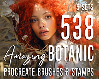 May include: A digital illustration of a woman with red hair surrounded by green leaves and flowers. The text "538 Amazing BOTANIC PROCREATE BRUSHES & STAMPS" is displayed on the image. The text "GRASS * LEAVES * JUNGLE * NATURE * FLOWERS * BOTANIC" is displayed at the top and bottom of the image.