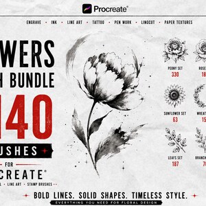 May include: A digital product advertisement for a Procreate flower brush bundle featuring 2140 brushes. The image displays a central black and white ink-style flower illustration, surrounded by text and smaller icons representing various floral sets.