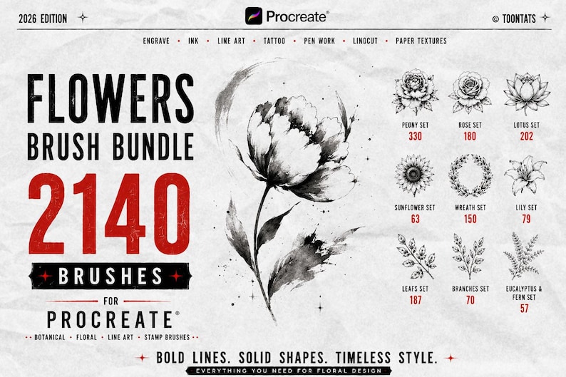 May include: A digital product advertisement for a Procreate flower brush bundle featuring 2140 brushes. The image displays a central black and white ink-style flower illustration, surrounded by text and smaller icons representing various floral sets.
