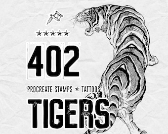 May include: A black and white digital illustration of a roaring tiger with the text 402 PROCREATE STAMPS TATTOOS TIGERS. The image features a stylized tattoo machine icon and five stars above the number 402, all set against a textured white background.