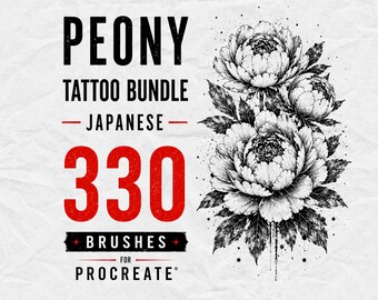 May include: A digital graphic featuring the text PEONY TATTOO BUNDLE JAPANESE 330 BRUSHES FOR PROCREATE in black and red. To the right, a detailed black and white ink-style illustration shows two large peony flowers with leaves and stippled shading.