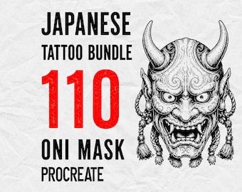May include: A digital graphic featuring a black and white illustration of a detailed Oni mask with horns and braided hair. The text reads: JAPANESE TATTOO BUNDLE 110 ONI MASK PROCREATE. The number 110 is displayed in large, bold red font on a white background.