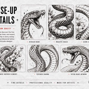 May include: A digital display featuring six black and white ink-style illustrations of snakes. The text reads CLOSE-UP DETAILS, PREMIUM QUALITY, DETAILED HEADS, REALISTIC SCALES, CLEAN LINE WORK, JAPANESE INSPIRED ELEMENTS, TEXTURED SHADING, and TATTOO READY ARTWORK.