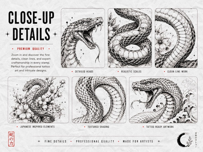 May include: A digital display featuring six black and white ink-style illustrations of snakes. The text reads CLOSE-UP DETAILS, PREMIUM QUALITY, DETAILED HEADS, REALISTIC SCALES, CLEAN LINE WORK, JAPANESE INSPIRED ELEMENTS, TEXTURED SHADING, and TATTOO READY ARTWORK.