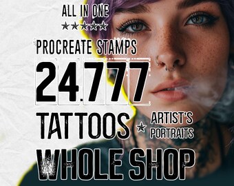 May include: A digital graphic featuring the text ALL IN ONE, PROCREATE STAMPS, 24777, TATTOOS, ARTIST'S PORTRAITS, and WHOLE SHOP overlaid on a portrait of a person with purple hair, freckles, a septum piercing, and neck tattoos exhaling smoke.