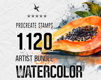 May include: Digital art bundle featuring a watercolor papaya slice with black seeds and green leaves. The image includes the text "Procreate Stamps 1120 Artist Bundle Watercolor" and a bird icon.
