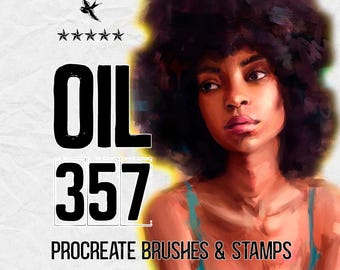 May include: Digital art graphic with the text "OIL 357 PROCREATE BRUSHES & STAMPS". The image features a painted portrait of a person with dark curly hair and a blue top, set against a textured white background with a small bird and stars.