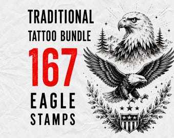 May include: A digital graphic featuring the text TRADITIONAL TATTOO BUNDLE 167 EAGLE STAMPS in black and red. The design includes a detailed black and white illustration of a bald eagle head, a flying eagle, pine trees, and a shield with stars.