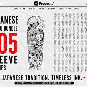 May include: A digital collection titled Japanese Tattoo Bundle 105 Sleeve Stamps for Procreate. The image displays a large black and white koi fish and floral design on a sleeve template, alongside a grid of 105 smaller tattoo stamp variations.