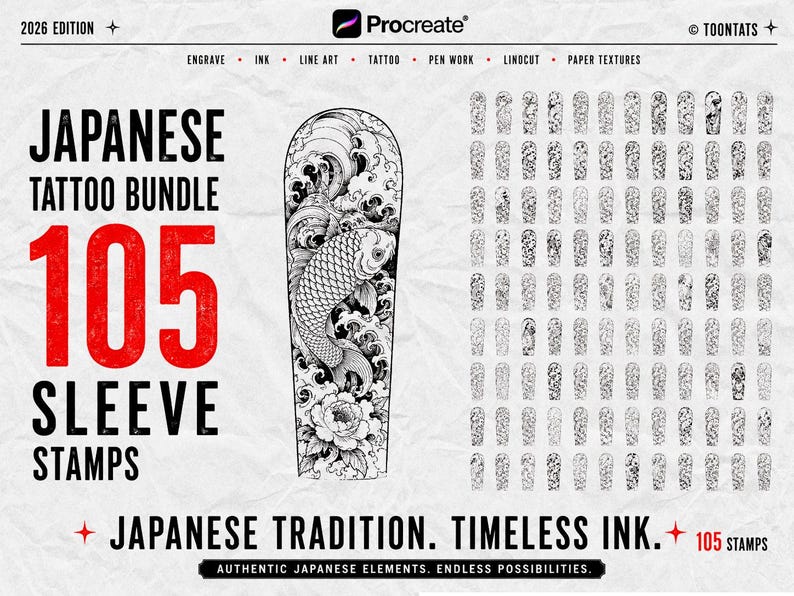 May include: A digital collection titled Japanese Tattoo Bundle 105 Sleeve Stamps for Procreate. The image displays a large black and white koi fish and floral design on a sleeve template, alongside a grid of 105 smaller tattoo stamp variations.