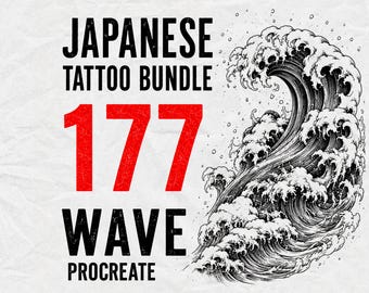 May include: A digital graphic featuring the text JAPANESE TATTOO BUNDLE, the large red number 177, and the words WAVE PROCREATE. To the right is a detailed black and white ink-style illustration of a large, crashing ocean wave with foam.