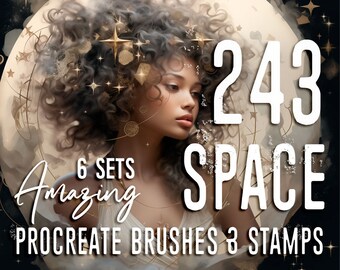 May include: A digital illustration of a woman with long, curly hair, surrounded by stars and a crescent moon. The text "243 Amazing Space Procreate Brushes & Stamps" is displayed in a white, distressed font. The image is a promotional graphic for a set of digital art brushes and stamps.