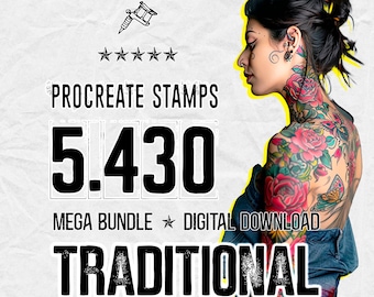 May include: A digital product advertisement for 5,430 Procreate stamps in a traditional style. The text reads Procreate Stamps, 5,430, Mega Bundle, Digital Download, and Traditional. A profile view of a person with extensive colorful floral tattoos.