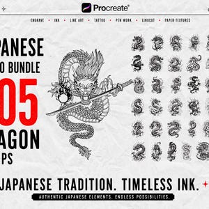 May include: A digital bundle of 205 Japanese dragon tattoo stamps for Procreate. The image features a large central dragon illustration holding a sword, surrounded by a grid of smaller dragon designs. Text includes 2026 EDITION, JAPANESE TATTOO BUNDLE, 205 DRAGON STAMPS, and JAPANESE TRADITION. TIMELESS INK.