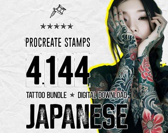 May include: A digital download bundle of 4,144 Procreate stamps featuring Japanese tattoo designs. The text reads: PROCREATE STAMPS, 4,144, TATTOO BUNDLE, DIGITAL DOWNLOAD, JAPANESE. A person with full-sleeve floral and wave tattoos is shown.