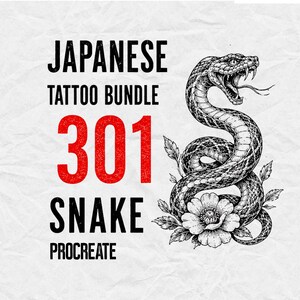 Könnte beinhalten: Eine digitale Grafik mit einer schwarz-weißen Tuschezeichnung einer zusammengerollten Schlange mit offenem Maul und einer Blume. Der Text lautet: JAPANESE TATTOO BUNDLE 301 SNAKE PROCREATE. Die Zahl 301 ist rot, der restliche Text ist schwarz.