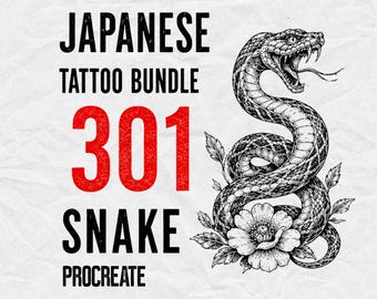 May include: A digital graphic featuring a black and white ink-style illustration of a coiled snake with an open mouth and a flower. The text reads: JAPANESE TATTOO BUNDLE 301 SNAKE PROCREATE. The number 301 is in red, while all other text is in black.