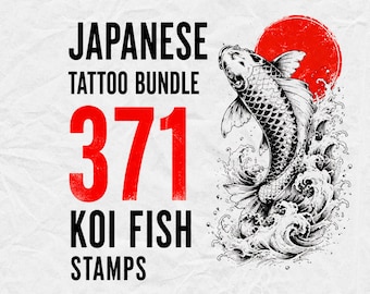 May include: A digital graphic featuring the text JAPANESE TATTOO BUNDLE 371 KOI FISH STAMPS in black and red. A detailed black and white ink illustration of a koi fish swimming through stylized waves is positioned next to a solid red circle.