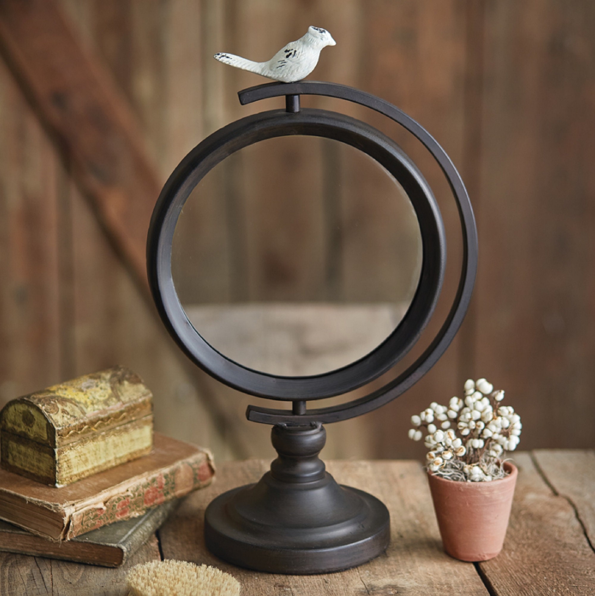 Shabby Chic White Ornate Bird Round Free-Standing Countertop Table Vanity Mirror 