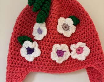 Children’s handmade crochet flower spring winter woolly hat size small child approximately 2-4 years