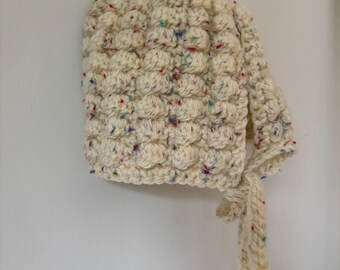 Handmade Crochet Baby Bonnet, Cream Speckled Woolly Hat (9-12 Months)