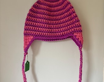 Handmade Crochet Wool Hat: Pink & Purple Striped, Child Size