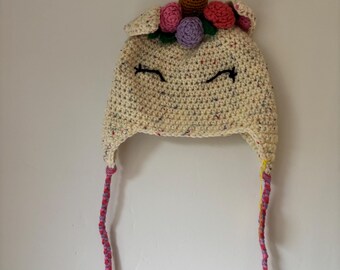 Children’s handmade crochet unicorn spring winter woolly hat size small child approximately 2-4 years