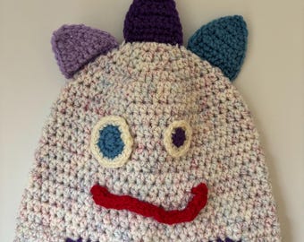 Handmade Crochet Monster Hat, Kids Size 4-5, Cream & Purple