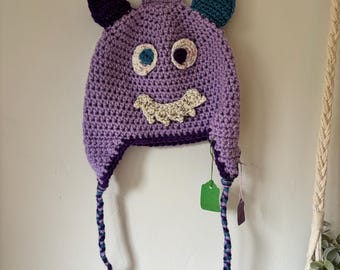 Handmade Crochet Monster Hat, Purple Woolly Beanie (Child 4-6 Years)