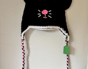 Handmade Crochet Cat Hat, Black & White, Child Size Large