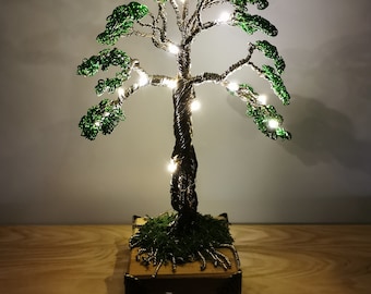 Lit green bonsai, 30cm high. Unique handmade gift