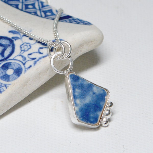 Sea pottery and silver necklace/Pembrokeshire sea pottery and silver necklace/Welsh sea pottery/sea pottery shardBlue and white sea pottery