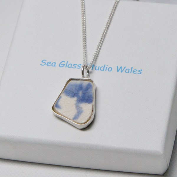 Pembrokeshire sea pottery and silver necklace/Welsh sea pottery pendant/Old blue sea pottery necklace