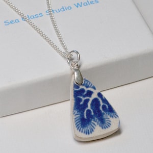 Sea pottery and silver necklace/Old blue sea pottery necklace/Pembrokeshire sea pottery necklace