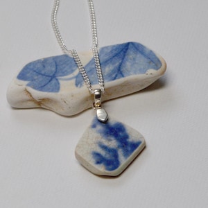 Blue and white sea pottery and silver necklace/Pembrokeshire  sea pottery necklace/old  willowwhitewillow pattern sea pottery necklace