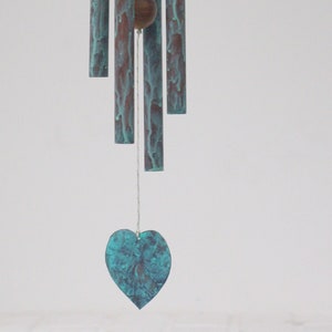 Copper Heart Wind Chime with  Verdigris Patina, Handcrafted Decor for Garden, Patio or Entry