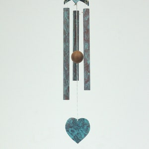 Handmade Copper 3-Pipe Wind Chime, Heart Wind Sail, Verdigris Patina,
