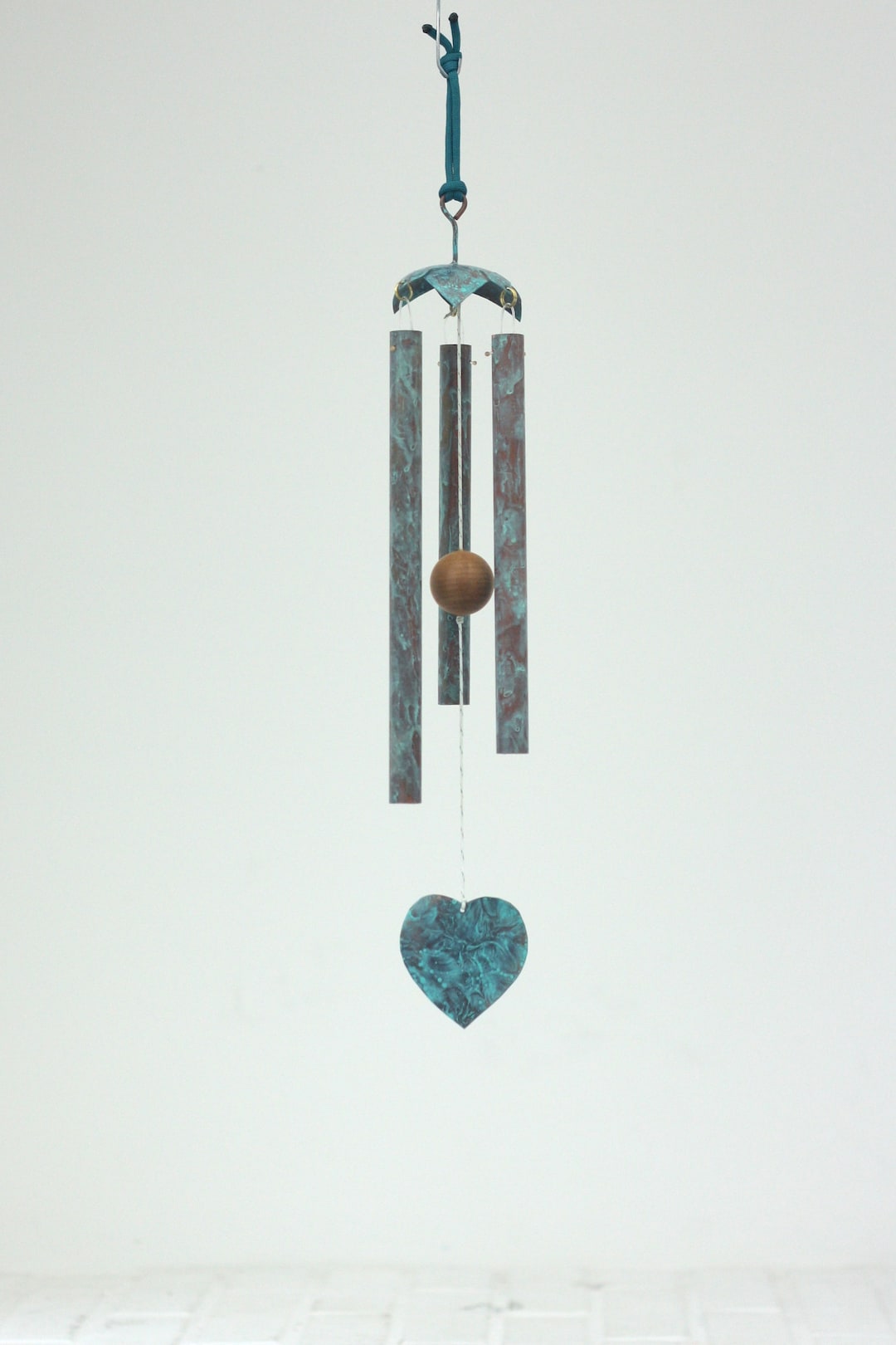 Handmade Copper 3-Pipe Wind Chime, Heart Wind Sail, Verdigris Patina,