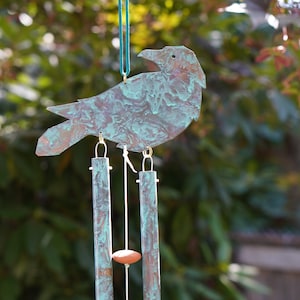 Copper Raven Wind Chime with green patina, Gift for bird lover, Bird garden art, Crow chime, Raven, Crow, Wiccan or Goth decor, Spirit Bird