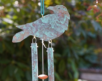 Copper Raven Wind Chime with green patina-  Gift for bird lover, Bird garden art, Crow chime. Raven, Crow, Wiccan or Goth decor, Spirit Bird