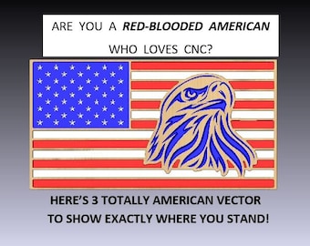 Può includere: Una bandiera americana con un'aquila calva al centro. Il testo "ARE YOU A RED-BLOODED AMERICAN WHO LOVES CNC?" è nella parte superiore dell'immagine. Il testo "HERE'S 3 TOTALLY AMERICAN VECTOR TO SHOW EXACTLY WHERE YOU STAND!" è nella parte inferiore dell'immagine.