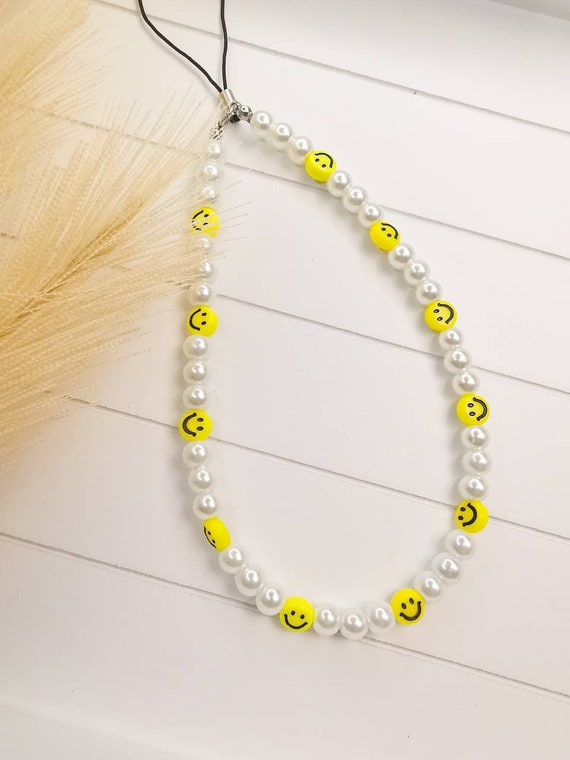 SMOL Smiley Face Phone Strap, Happy Face Emoji and Pearl Cell Phone Ch