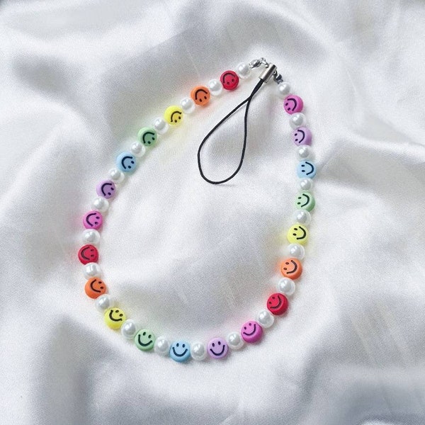 Rainbow Smiley Face And Pearl Phone Charm Strap - Pride Month LGBTQ Multi Colour Bead Mobile Phone Accessories