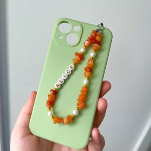 Orange Aventurine Phone Charm Strap, Crystal Beaded Keyring,Autumn Fall Airpod Strap,Gemstone Wristlet For Phone Case, Crystal Keychain Gift