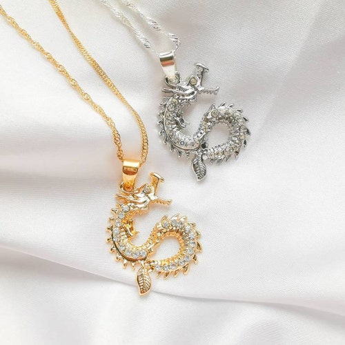 Y2K Gold Silver Dragon Pendant Necklace Rhinestone Dragon Etsy UK