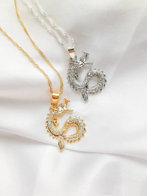 Y2K Gold Silver Dragon Pendant Necklace 